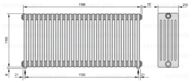 Схема (чертеж) Радиатор Zehnder Charleston 6110/26 №5310 Белый глянцевый RAL 9016
